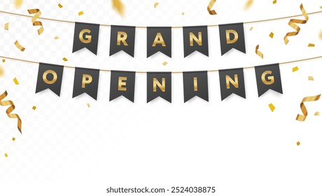 Plantilla de tarjeta de invitación de gran apertura dorada, streamer. Guirnalda colgante. Banderas de papel de fiesta realistas, Anuncio de oro, cintas de confeti. Concepto de maqueta de celebración bunting. Fondo de Vector transparente