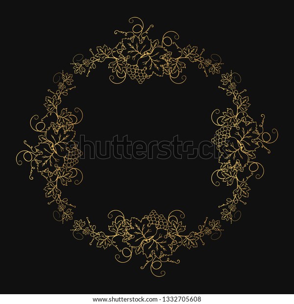 Golden grape frame\
with vine branches, bunch of berries and leaves. Ornate gold\
decoration border for wine menu, label design or wedding\
invitation. Vector foliage\
background.