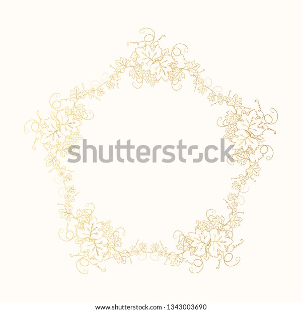 Golden grape frame\
with vine branches, bunch of berries and leaves. Ornate decoration\
gold border for wine menu, label design or wedding invitation.\
Vector foliage\
background.