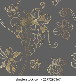 Golden grapevine seamless pattern. Grapes branch gold line Vintage illustration