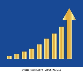 Golden Graph an upward stepping arrow. Growth Bar gold stairs step to growth success vector illustration on blue. Progress way and forward achievement creative concept. Bar graph of golden bars.