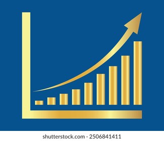 Golden Graph una flecha escalonada hacia arriba. Escaleras de oro de la barra de crecimiento paso a la Ilustración vectorial del éxito del crecimiento en azul. Progreso camino a seguir y logro concepto creativo. Gráfico de barras de oro.