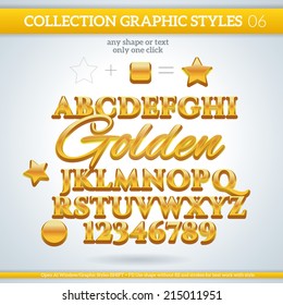 Golden Graphic Styles for Design. Graphic styles can be use for decor, text, title, cards, events, posters, icons, logo and other.