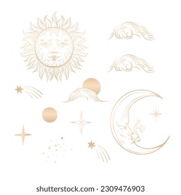 Golden graphic sun and moon isolated. Vector