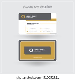 Golden and Gray Business Card Print Template. Personal Visiting Card with Company Logo. Clean Flat Design. Rounded Corners. Vector Illustration. Business Card Mockup with Shadows