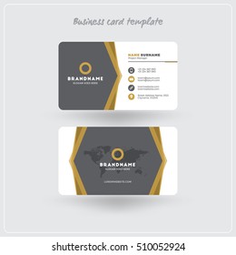 Golden and Gray Business Card Print Template. Personal Visiting Card with Company Logo. Clean Flat Design. Rounded Corners. Vector Illustration. Business Card Mockup with Shadows