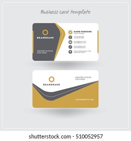 Golden and Gray Business Card Print Template. Personal Visiting Card with Company Logo. Clean Flat Design. Rounded Corners. Vector Illustration. Business Card Mockup with Shadows