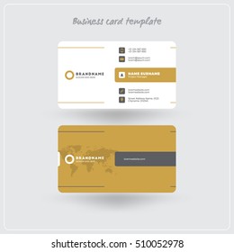 Golden And Gray Business Card Print Template. Personal Visiting Card With Company Logo. Clean Flat Design. Rounded Corners. Vector Illustration. Business Card Mockup With Shadows