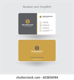 Golden and Gray Business Card Print Template. Personal Visiting Card with Company Logo. Clean Flat Design. Rounded Corners. Vector Illustration. Business Card Mockup with Shadows