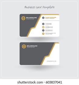 Golden and Gray Business Card Print Template. Personal Visiting Card with Company Logo. Clean Flat Design. Rounded Corners. Vector Illustration. Business Card Mockup with Shadows