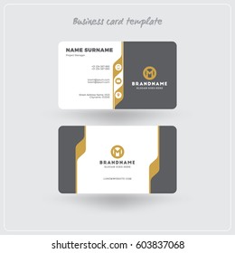 Golden And Gray Business Card Print Template. Personal Visiting Card With Company Logo. Clean Flat Design. Rounded Corners. Vector Illustration. Business Card Mockup With Shadows