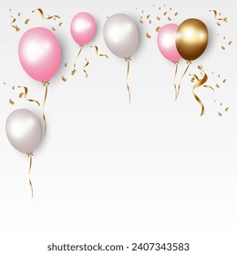 Golden, gray and pink balloons with gold ribbons, winding, rainbow confetti. Vector illustration for cards, parties,