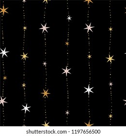 Golden, gray, pink and white stars on a golden garland, fabric effect. Festive seamless pattern