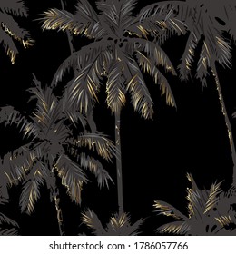 golden and gray tropical palm trees on a black background. Seamless pattern in the style of Jungalow and Hawaii. Botanical background.