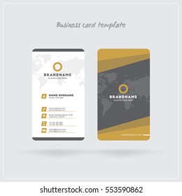 Golden and Gray Vertical Business Card Print Template. Double-sided Personal Visiting Card with Company Logo. Clean Flat Design. Rounded Corners. Vector Illustration. Business Card Mockup with Shadows