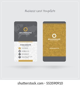 Golden and Gray Vertical Business Card Print Template. Double-sided Personal Visiting Card with Company Logo. Clean Flat Design. Rounded Corners. Vector Illustration. Business Card Mockup with Shadows