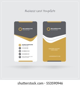 Golden and Gray Vertical Business Card Print Template. Double-sided Personal Visiting Card with Company Logo. Clean Flat Design. Rounded Corners. Vector Illustration. Business Card Mockup with Shadows