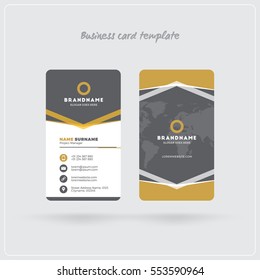 Golden and Gray Vertical Business Card Print Template. Double-sided Personal Visiting Card with Company Logo. Clean Flat Design. Rounded Corners. Vector Illustration. Business Card Mockup with Shadows