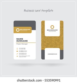 Golden and Gray Vertical Business Card Print Template. Double-sided Personal Visiting Card with Company Logo. Clean Flat Design. Rounded Corners. Vector Illustration. Business Card Mockup with Shadows