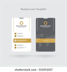 Golden and Gray Vertical Business Card Print Template. Double-sided Personal Visiting Card with Company Logo. Clean Flat Design. Rounded Corners. Vector Illustration. Business Card Mockup with Shadows