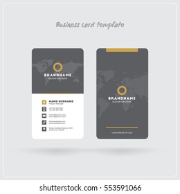 Golden And Gray Vertical Business Card Print Template. Double-sided Personal Visiting Card With Company Logo. Clean Flat Design. Rounded Corners. Vector Illustration. Business Card Mockup With Shadows