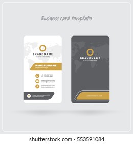 Golden And Gray Vertical Business Card Print Template. Double-sided Personal Visiting Card With Company Logo. Clean Flat Design. Rounded Corners. Vector Illustration. Business Card Mockup With Shadows