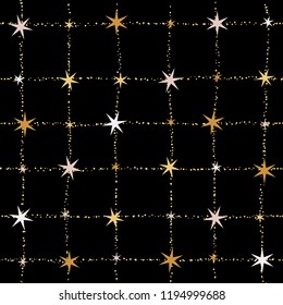 Golden, gray and white stars on a golden grid, fabric effect. Festive seamless pattern