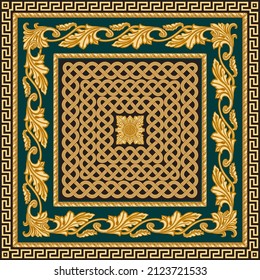 Golden Greek key pattern frieze, meander border, braid floral frame, grape-vine garland on a dark turquoise background. Scarf, bandana print, neckerchief, square pocket range, handkerchief, carpet 