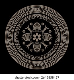Golden Greek round ornament pattern frame plate with pattern in center. Greek meander. Circle european border. Patterns of Greece, ancient Rome. Classic egyptian, assyrian, greek motives