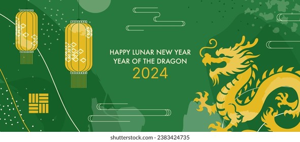 Golden and Green Banner Background for 2024 Chinese New Year of Wood Dragon. Premium Traditional Vector Oriental Background with Japanese Elements, Chinese Festival Lanterns and Asian Zodiac Dragon.