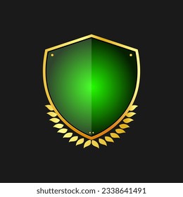 golden and green diamond 3d shield with golden leaves or royal badge