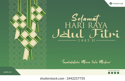 Golden Green Eid Al Fitr 1445 H Greeting Card and Banner for Company. Design with Ketupat, company logo space, pattern and social media spot. Ucapan Selamat Idul Fitri 1445 H. Vector Illustration