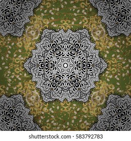 Golden green floral ornament in baroque style. Antique golden repeatable wallpaper. Damask repeating background. Golden element on green background.