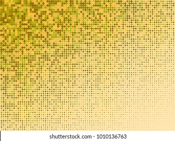 Golden, green halftone dots. Gold, orange geometric gradient for pop art designs. Geometric vintage monochrome fade wallpaper. Pop art print. Dotted geometric retro pattern. Comic halftone background.