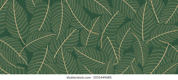 Golden green leaf background vector. Natural leaves wallpaper design. Vector illustration.