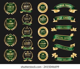 Golden green luxury premium quality label badges on grey background vector illustration.	