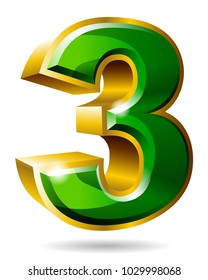 Golden and green number character 3 isolated on white background. Vector illustration.