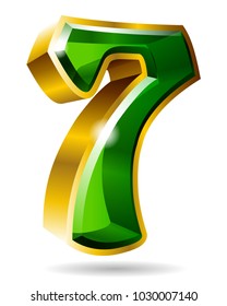 Golden and green number character 7 isolated on white background. Vector illustration.