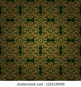 Golden and green seamless pattern. Oriental vector pattern with arabesques and golden floral elements. Traditional classic ornament.