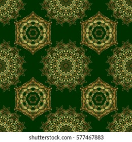 Golden and green seamless pattern. Oriental vector pattern with arabesques and gloden floral elements. Traditional classic ornament.