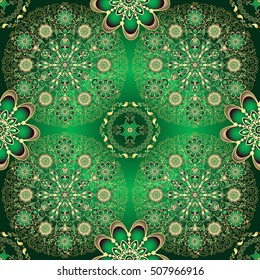 Golden and green seamless pattern with shiny gradient vintage circles and flowers, vector