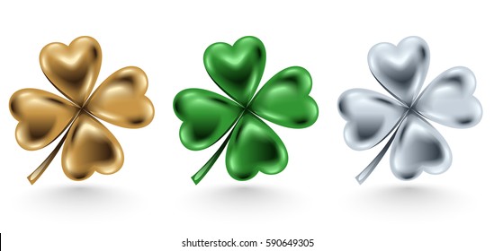 Golden, green and silver clover leaf isolated on white background, vector illustration for St. Patrick day. Four-leaf jewelry 3d design.