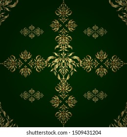 Golden and green texture. Vector seamless pattern with abstract motley ornament.