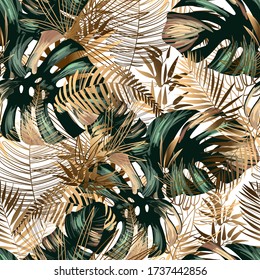 golden and green tropical leaves on a white background. Seamless pattern in the style of Jungalow and Hawaii. Botanical background.