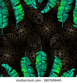 golden and green tropical leaves on a white background. Seamless pattern in the style of Jungalow and Hawaii. Botanical background.