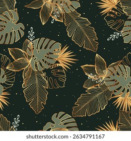 Golden and green tropical leaves on a dark green background. Botanical background.