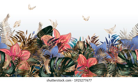 Golden and green tropical leaves with orchids and butterflies. Seamless pattern border frame with vector image in the style of Jungalow and Hawaii. Botanical background.