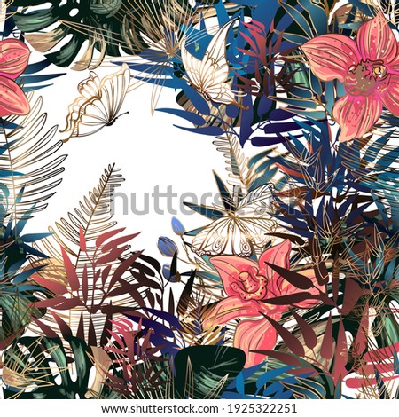 golden and green tropical leaves with orchids and butterflies. Seamless pattern in the style of Jungalow and Hawaii. Botanical background.