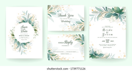 Golden greenery wedding invitation template set with leaves, glitter, frame, and border. Floral decoration vector for save the date, greeting, thank you, rsvp, etc