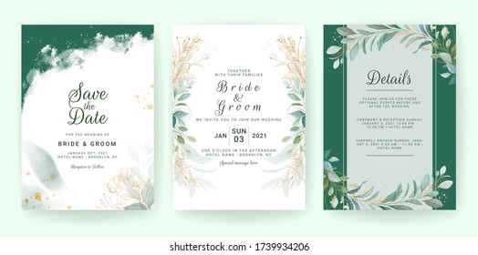 Golden greenery wedding invitation template set with leaves, glitter, and border. Floral decoration vector for save the date, greeting, thank you, rsvp, etc